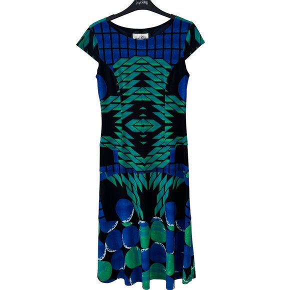 Joseph Ribkoff Abstract Fit & Flare Cap Sleeve Blue Green Black Size 4 - Picture 3 of 7